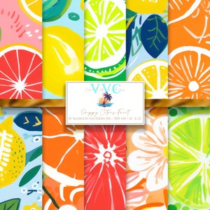 Zitrusfrüchte Digitales Papier, 10 nahtlose Muster für druckbares Scrapbookpapier - sofortiger Download, Zitrone, Limette, Orange, Grapefruit
