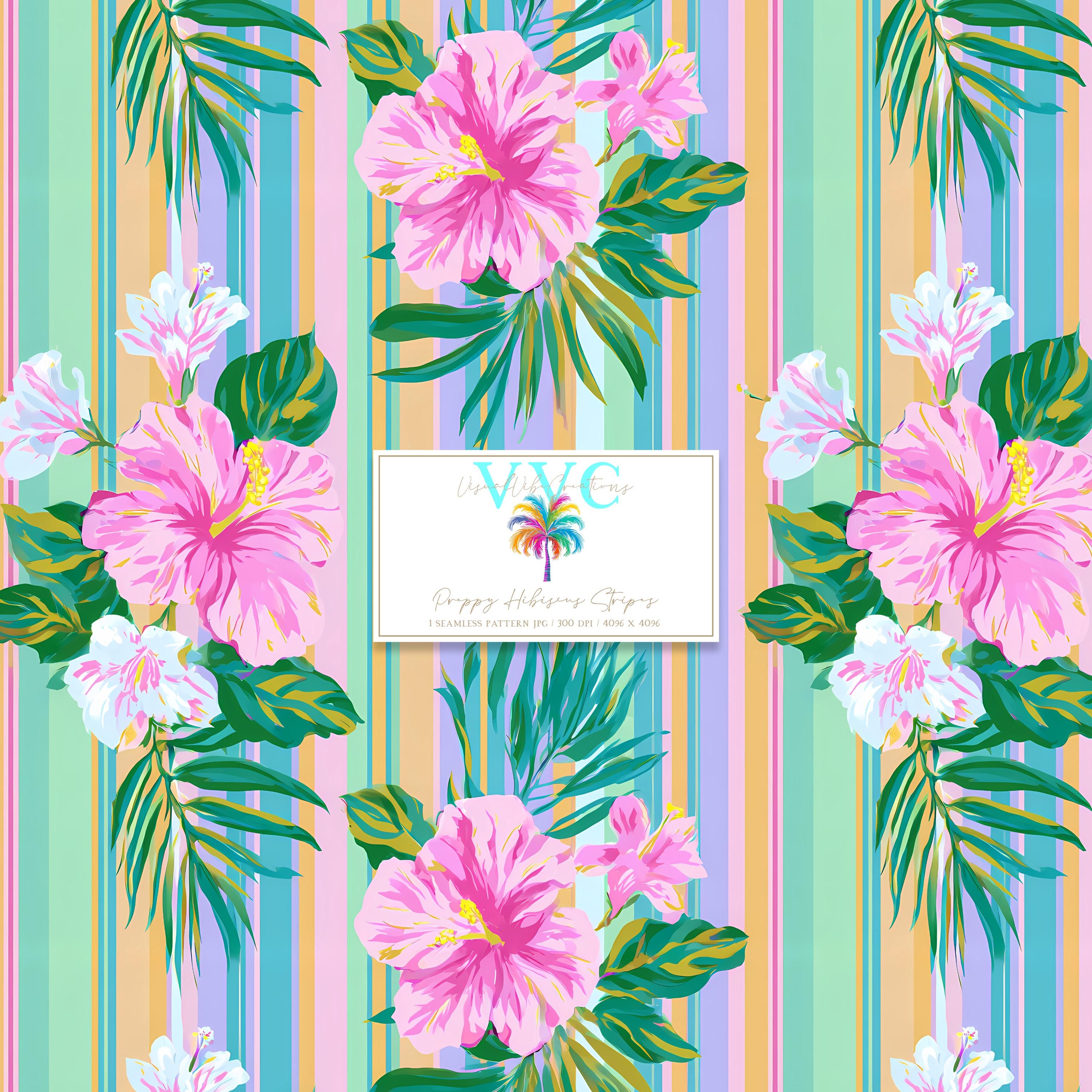 Preppy Hibiscus Stripes, 1 Seamless Pattern, Pink and White