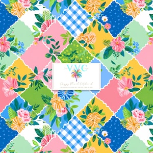 May include: A seamless digital pattern featuring a colorful patchwork of scalloped diamond shapes. The design includes floral arrangements, blue and white gingham checks, and solid pink, yellow, and green blocks. A central white label displays the text VVC, a palm tree icon, and the words Poppy Floral Patchwork.