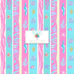 May include: A seamless pattern featuring a repeating design of blue and pink stripes with various sea life elements, including fish, starfish, coral, and seaweed. The pattern is titled "Poppy Summer Splash" and is available in a 30x30 inch size.