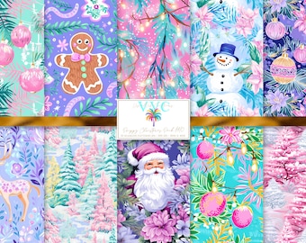 Preppy Christmas Pack #10, Printable Winter Holiday Patterns, Santa Reindeer Snow, 10 Seamless Digital Papers for Scrapbook and Crafts