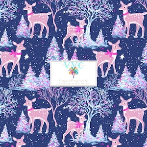 May include: A repeating pattern featuring pink deer with pink bows, set against a dark blue background with white snowflakes, trees, and branches. The image includes text that reads "Happy Wintery Woods" and a logo.