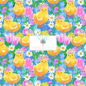 May include: A repeating pattern of yellow chicks with floral headbands and pink bows, set against a blue background filled with flowers. The image includes text that reads "Poppy Spring Chick Garden".