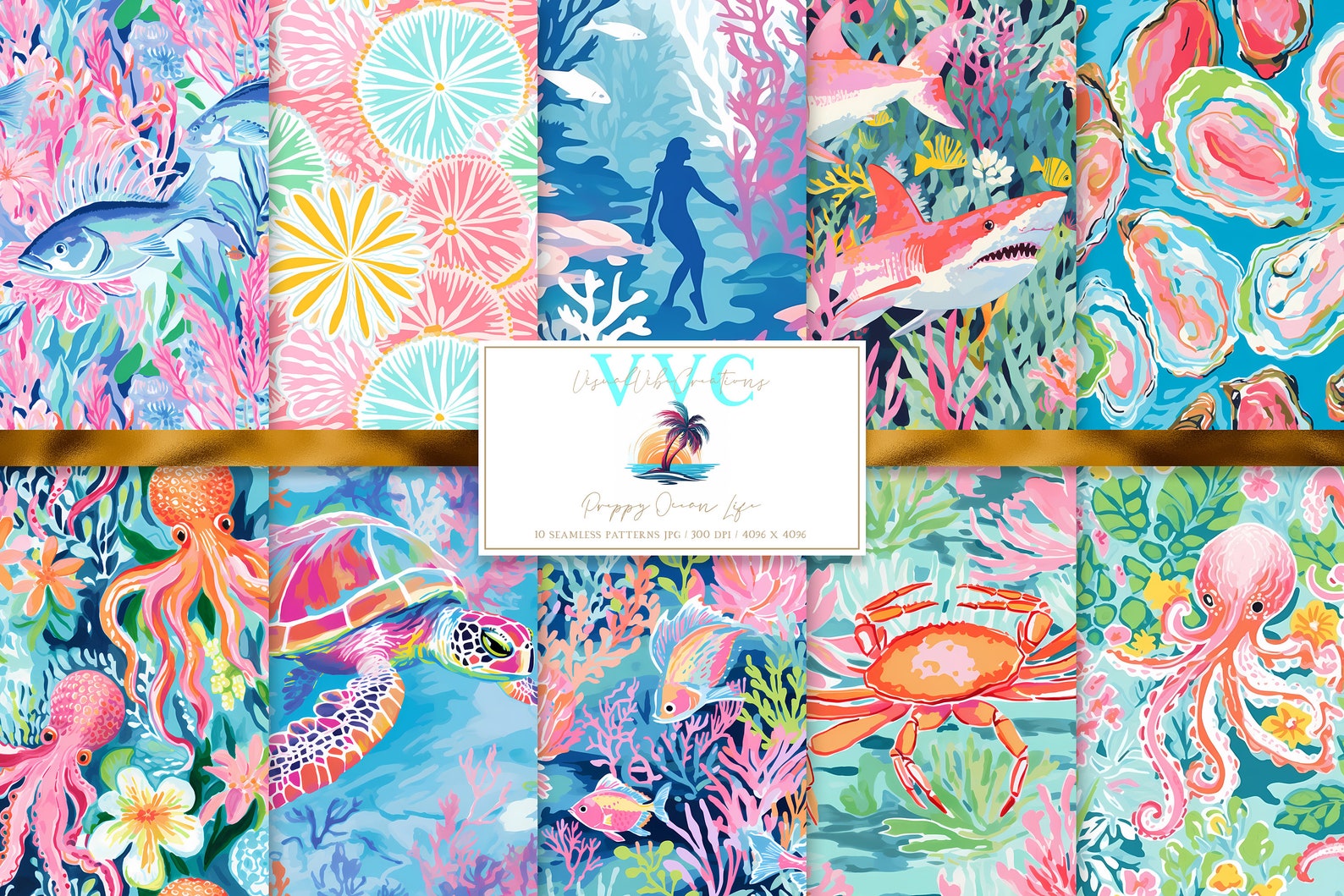 Prepy Ocean Preppy Ocean Life Digital Paper, 10 Seamless Patterns for Printable ...