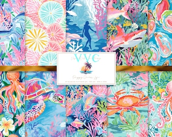 Preppy Ocean Life Digital Paper, 10 Seamless Patterns for Printable Scrapbook Paper - Instant Download, shark, octopus, scuba diver, fish