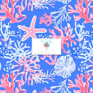 Papel digital Preppy Blue Beach: 1 patrón sin costuras de coral y estrellas de mar para scrapbooking, sublimación y manualidades de verano. Descarga instantánea.