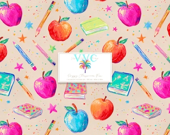 Preppy Klassenzimmer Spaß, 1 buntes nahtloses Muster, digitales Papier für den Schulanfang mit Äpfeln, Büchern und Stiften, druckbare Klassenzimmerdekoration