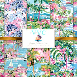 Papier numérique Preppy Bahamas View, 10 motifs BCBG sans couture pour papier de scrapbooking imprimable - téléchargement immédiat, île, palmier, été, plage