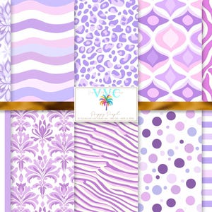Puede incluir: Un conjunto de 10 patrones de papel digital en tonos de morado y rosa. Los patrones incluyen rayas, lunares, estampados de animales y diseños florales.