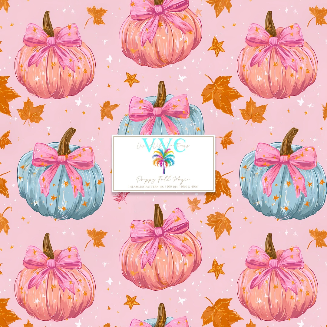 Preppy Fall Magic, 1 Seamless Pattern, Pastel Pumpkins With Bows and ...