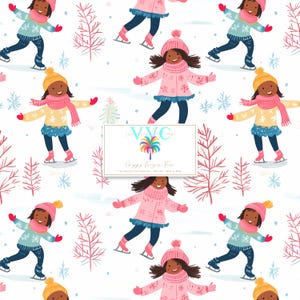 Diversão Frozen Preppy, 1 Padrão Sem Costura, Meninas Patinando no Gelo, Cena de Férias de Inverno, Arte Fofa para Dia de Neve, Design de Natal, Download Digital