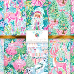 Preppy Christmas Pack #2 Digital Paper, 10 Seamless Patterns, Whimsical Pink Coastal Holiday Digital Paper, Pastel Tropical Xmas Scrapbook
