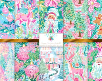 Preppy Christmas Pack #2 Digital Paper, 10 Seamless Patterns, Whimsical Pink Coastal Holiday Digital Paper, Pastel Tropical Xmas Scrapbook