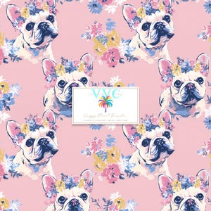 Adrettes Blumen Frenchie, 1 nahtloses Muster, französische Bulldoggen mit Blumenkronen auf rosa, niedlichem Hundeliebhaber-Digital-Hintergrund, Tierliebhaber