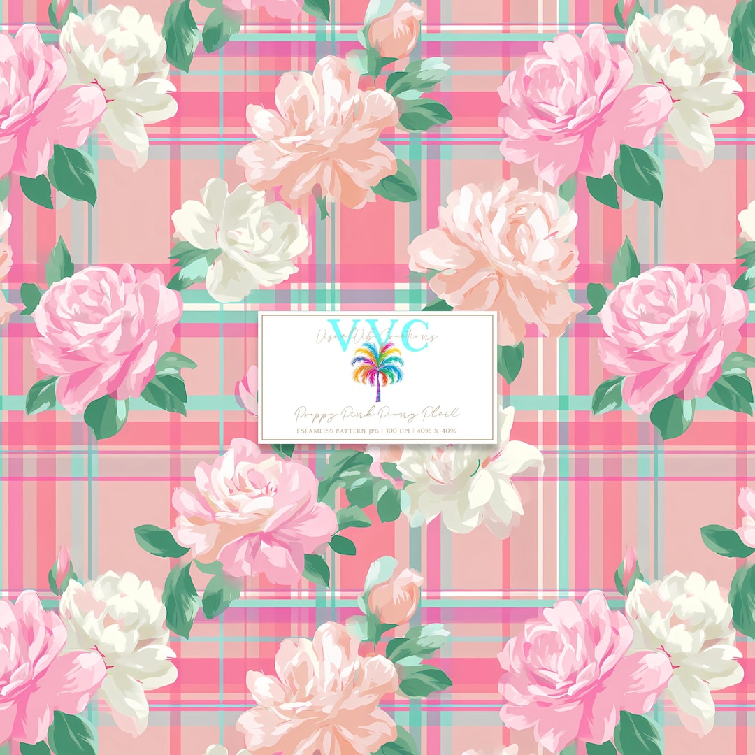 Prepay Backgrounds Preppy Pink Peony Plaid, 1 Seamless Pattern, Valentine Floral Digital ...
