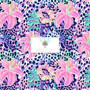 May include: A vibrant, colorful pattern featuring pink lilies, yellow and purple flowers, and a leopard print design in shades of blue, purple, and green. The image includes a white rectangle with text and a palm tree logo.