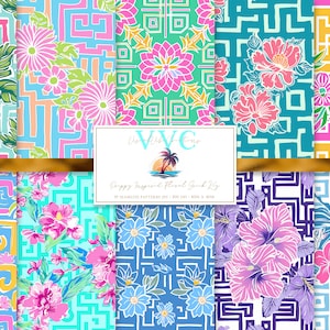 Papier numérique floral clé grecque d'inspiration preppy, 10 motifs sans couture pour papier de scrapbooking imprimable, téléchargement immédiat, grec ancien vibrant