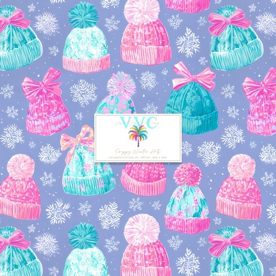 Preppy Winter Hats, 1 Seamless Pattern, Pastel Snowflake Digital Paper, Cozy Beanie Background, Feminine Holiday Winter Seamless Design