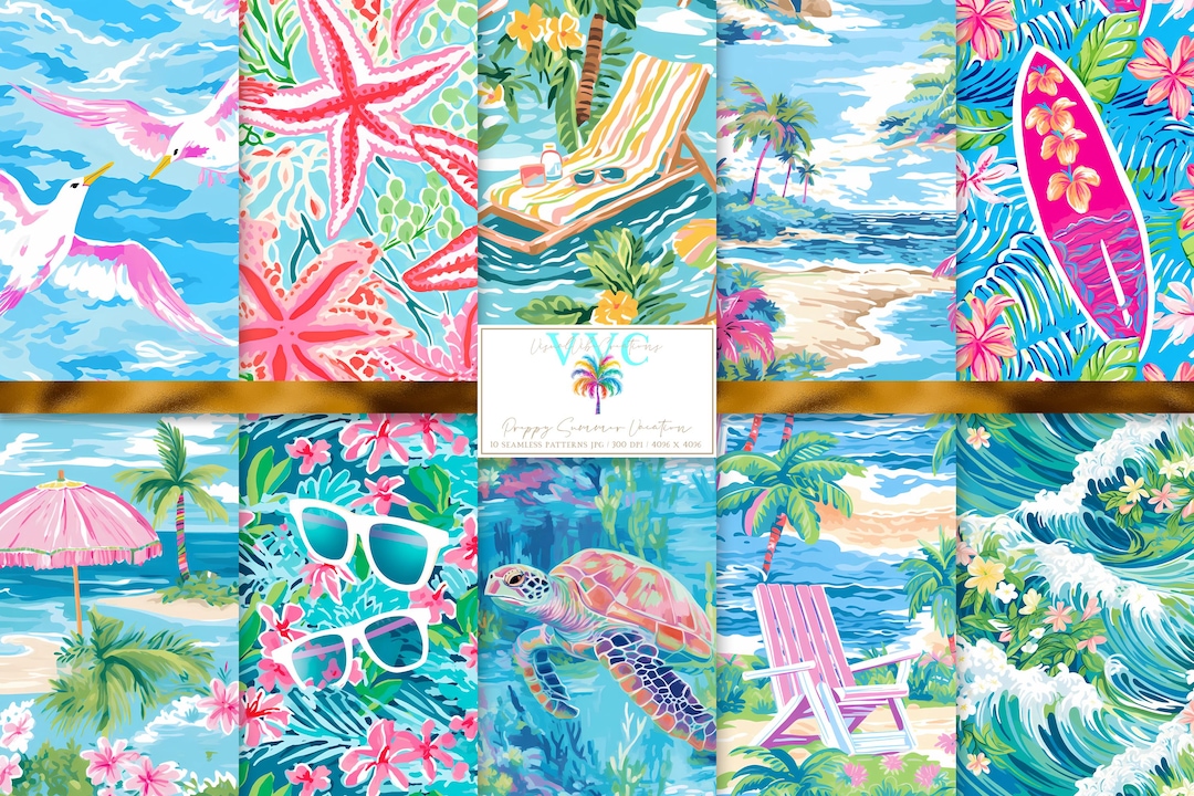 Preppy Summer Vacation, 10 Seamless Patterns, Tropical Beach Digital ...