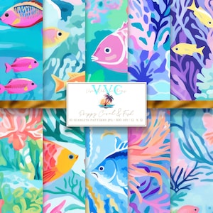 Preppy Korallen & Fische Digitales Papier, 10 nahtlose tropische Muster für Printable Scrapbook Papier - Instant Download, ocean, sommer, beach