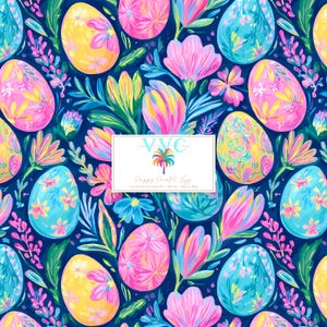 May include: A vibrant, colorful pattern featuring painted Easter eggs and floral elements in shades of pink, yellow, and blue against a dark blue background. The design includes the text "Preppy Easter Egg".
