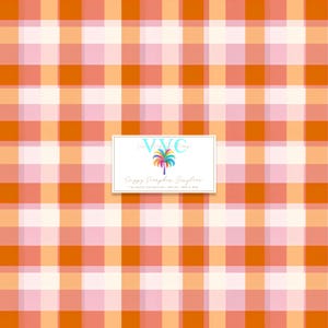 May include: Orange and cream gingham pattern with a white rectangle containing text and a colorful palm tree logo. The pattern is a repeating square design, perfect for fabric or digital use.