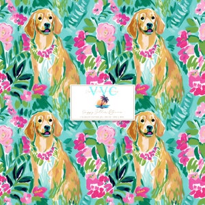 May include: Seamless pattern featuring a golden retriever dog wearing a floral lei, surrounded by pink and green tropical flowers on a turquoise background. The text "Happy Golden Retrievers" is included in the design.