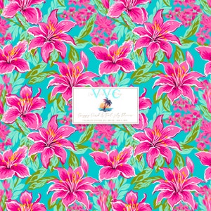 Preppy Pink & Teal Lily Blume, digitales Papier, 1 nahtloses tropisches Muster für druckbares Gästebuchpapier - sofortiger Download