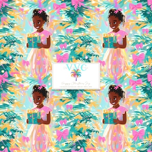 Alegría navideña preppy, 1 patrón sin costuras, niña festiva con regalo, árbol navideño pastel, diseño digital invernal, descarga navideña