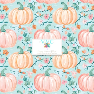 May include: A seamless pattern featuring pastel pink pumpkins with green stems and leaves on a light blue background. The pattern also includes small pink and orange flowers and green vines.