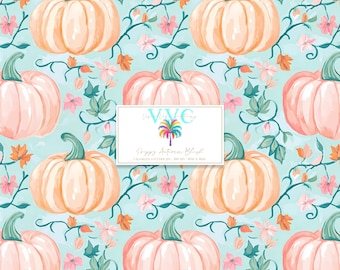 Preppy Autumn Blush Seamless Pattern, 1 Digital Fall Pumpkin Floral Design, Pastel Pumpkins with Flowers on Aqua, Autumn Printable