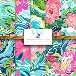 Peut inclure: Dix motifs de papier numérique représentant des vagues océaniques et des fleurs tropicales inspirées du style preppy dans des tons de bleu, vert, rose et jaune. Les motifs sont sans couture et peuvent être utilisés à des fins commerciales avec une licence.