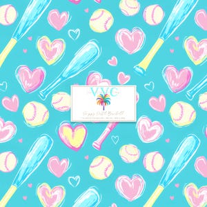 May include: A seamless pattern featuring a light blue background with yellow, pink, and blue baseball bats, baseballs, and hearts. The text "Happy Girl Baseball" is in a white box with a palm tree logo.