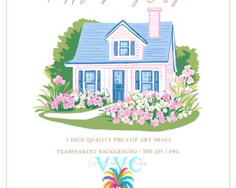 Preppy Spring Cottage-illustraties - transparante achtergrond in PNG - grandmillennial clipart, lente clipart, boho cottage, gezellig huisje