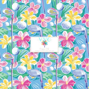 Preppy Golf Digital Papier - 1 nahtloses Muster, tropische Golfschläger und Blumen, sportlicher digitaler Hintergrund, nahtloser Golfer, Sportmuster