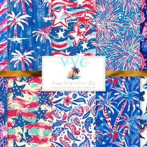 May include: A set of 12 digital paper patterns featuring red, white, and blue designs. The patterns include stars, fireworks, palm trees, and paisley designs. The text "Happy Independence Day" is included in the image.