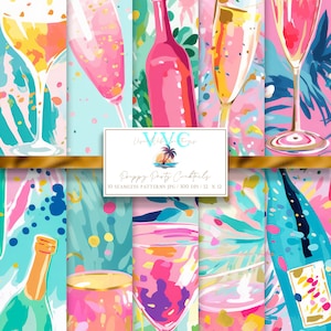 Carta digitale per cocktail preppy party, 10 modelli tropicali senza soluzione di continuità per carta scrapbook stampabile - Download istantaneo, vino, champagne, vetro