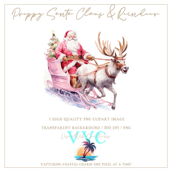 Preppy Santa Claus & Reindeer Clip Art - transparent background in PNG - floral, xmas, beach, Merry Christmas, pink christmas, santa clipart