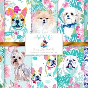 Puede incluir: Un conjunto de 10 patrones digitales sin costuras que presentan varias razas de perros en un entorno floral tropical. Los patrones son perfectos para manualidades, scrapbooking y otros proyectos creativos.