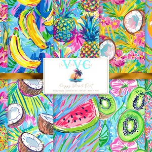 Preppy Island Fruit Digital Papier, 10 nahtlose Muster für Printable Scrapbook Papier - Instant Download, tropische Früchte, nahtlose Früchte