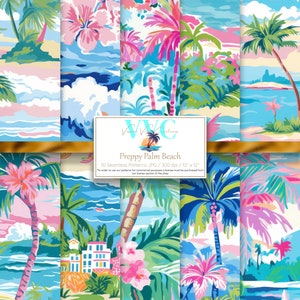 Preppy Palm Beach Digital Paper, 10 Seamless Patterns for Scrapbook Paper - Instant Download, summer, palm tree, ocean, coastal, island