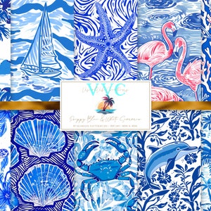 Papel digital de verano en azul y blanco de estilo preppy, 10 patrones sin costuras para papel de álbum de recortes imprimible: descarga instantánea, tortuga, coral, palmeras