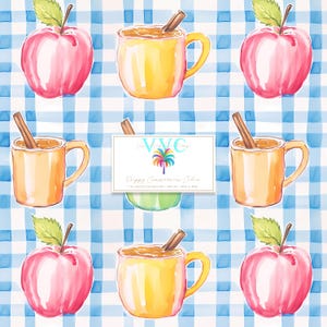 May include: Watercolor pattern featuring red apples with green leaves and mugs of warm drink with cinnamon sticks. The background is a blue and white checkered pattern. The image includes text that reads "Poppy Cinnamon Color".