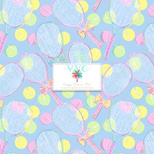 Preppy Tennis Club, 1 Seamless Pattern, Pastel Tennis Rackets with Bows and Balls, Preppy Sport Digital Paper, Summer Scrapbook Background