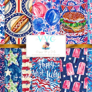 Può includere: Un set di 10 motivi digitali senza cuciture che presentano una varietà di temi patriottici, tra cui fuochi d'artificio, stelle, strisce, hot dog, hamburger, gelati e palloncini. I motivi sono in tonalità di rosso, bianco e blu.