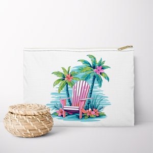 May include: A white canvas zippered pouch with a pink Adirondack chair and two palm trees with pink flowers on a blue and green background.