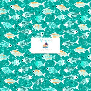 May include: Seamless pattern featuring a turquoise background with white and orange fish. The pattern is titled "Droppy Teal Fish" and includes the text "VVC Designs".
