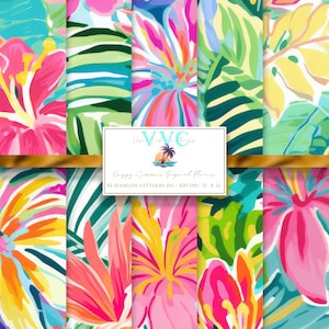 Preppy Summer Tropical Flowers Digital Paper, 10 Seamless Patterns for Printable Scrapbook Paper - Instant Download, beach, hibiscus, bright