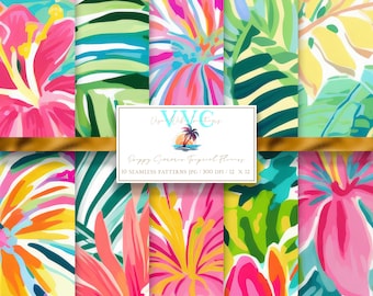 Preppy Summer Tropical Flowers Digital Paper, 10 Seamless Patterns for Printable Scrapbook Paper - Instant Download, beach, hibiscus, bright