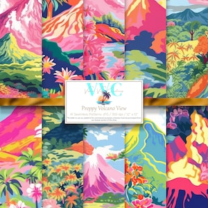 Preppy Volcano View Digital Paper, 10 Seamless Patterns for Printable Scrapbook Paper - Instant Download, Hawaii, Hawaiian, beach